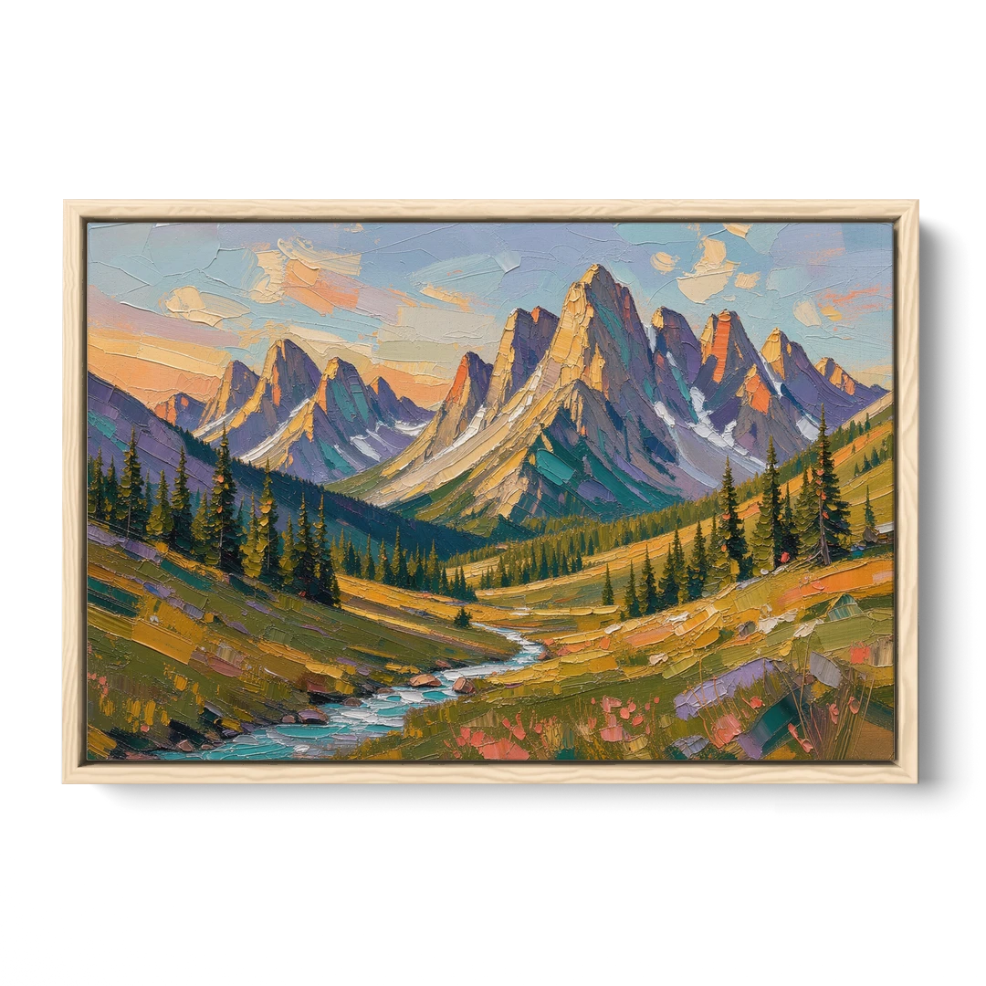 Mountain Landscape Painting of a Late Summer Valley - Oak Framed Canvas Wall Art - Front