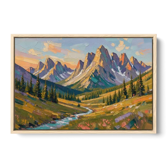 Mountain Landscape Painting of a Late Summer Valley - Oak Framed Canvas Wall Art - Front