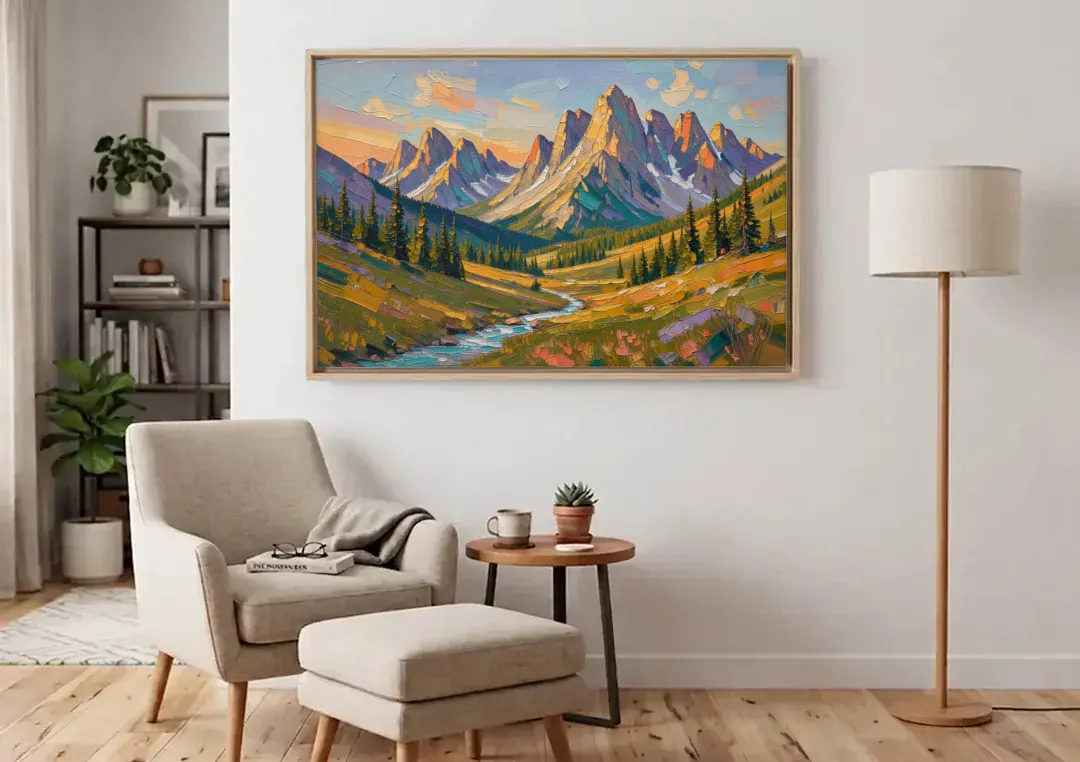 Mountain Landscape Painting of a Late Summer Valley canvas wall art above an armchair in a bright living room