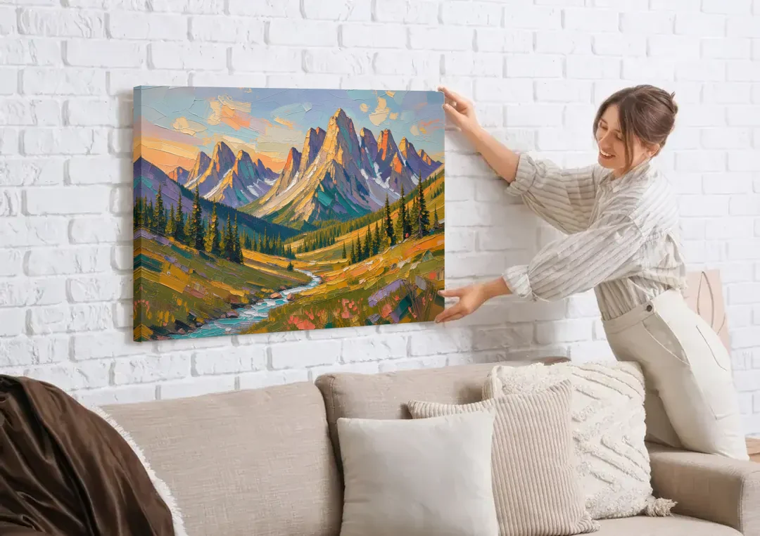Mountain Landscape Painting of a Late Summer Valley canvas wall art being hung on a white brick wall above a sofa