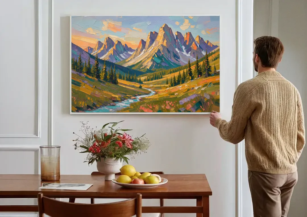 Mountain Landscape Painting of a Late Summer Valley canvas wall art above a dining table