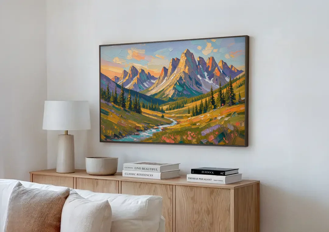 Mountain Landscape Painting of a Late Summer Valley canvas wall art above a wooden sideboard next to a sofa