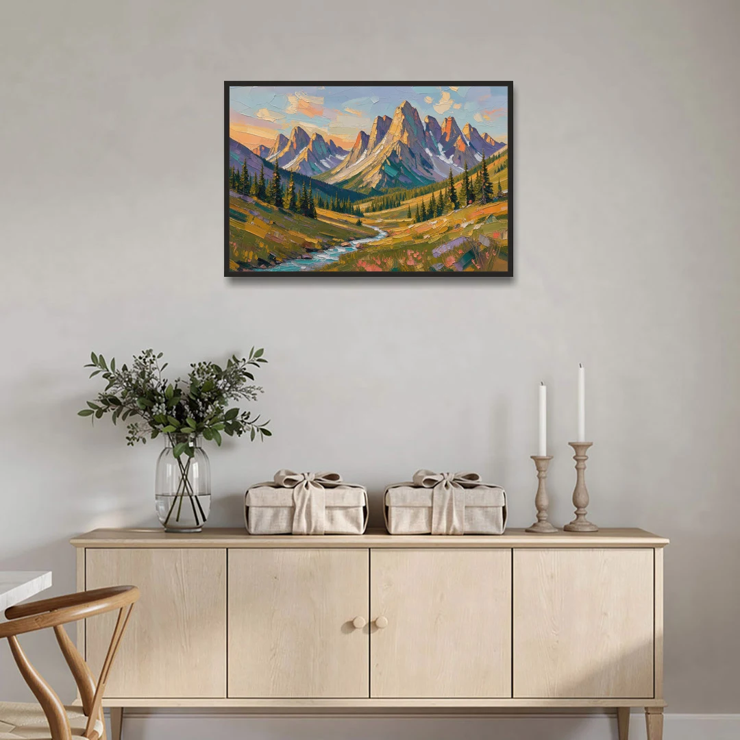 Mountain Landscape Painting of a Late Summer Valley - Black Framed Canvas Wall Art - Coffee Table - 36x24