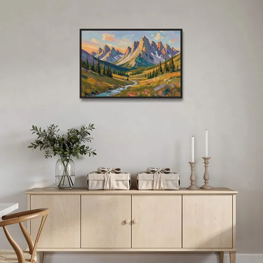 Mountain Landscape Painting of a Late Summer Valley - Black Framed Canvas Wall Art - Coffee Table - 36x24
