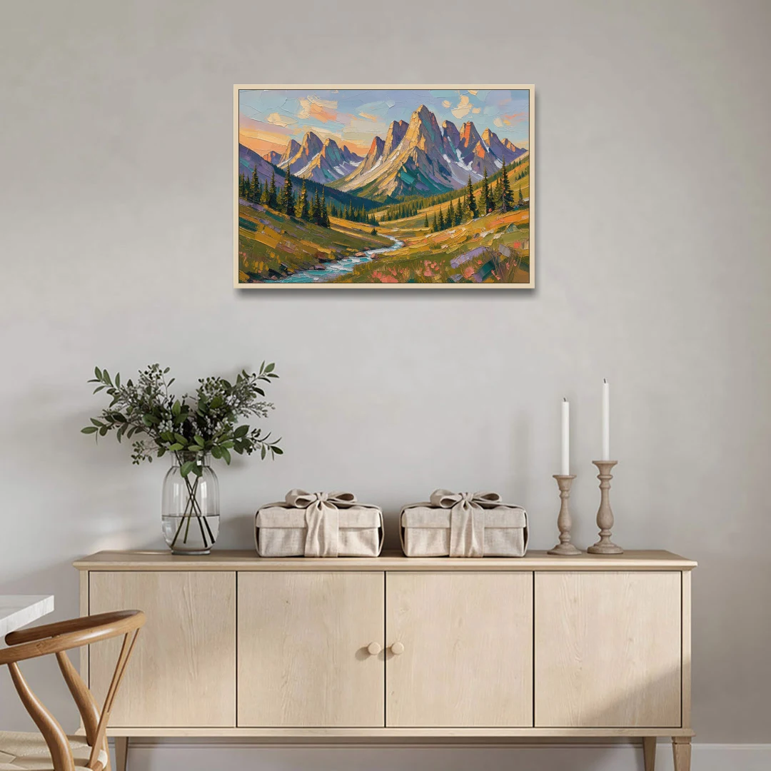 Mountain Landscape Painting of a Late Summer Valley - Oak Framed Canvas Wall Art - Coffee Table - 36x24