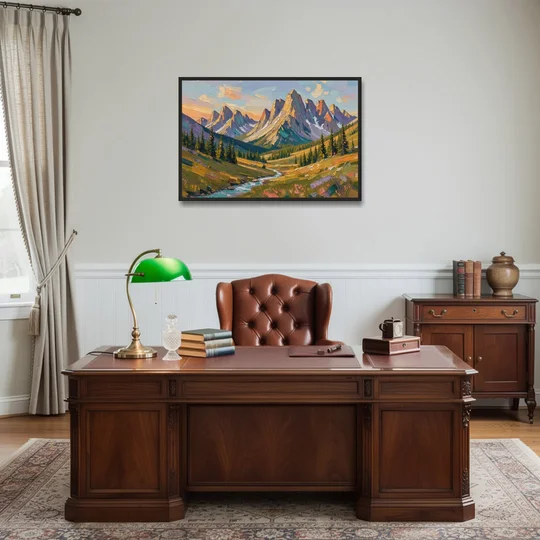 Mountain Landscape Painting of a Late Summer Valley - Black Framed Canvas Wall Art - Office - 36x24