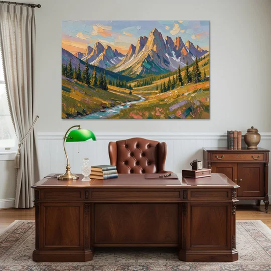 Mountain Landscape Painting of a Late Summer Valley - Canvas Wall Art - Office - 60x40