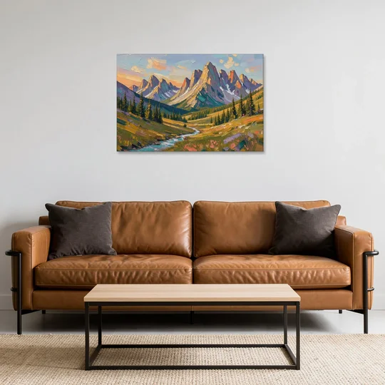 Mountain Landscape Painting of a Late Summer Valley - Canvas Wall Art - Sofa - 36x24