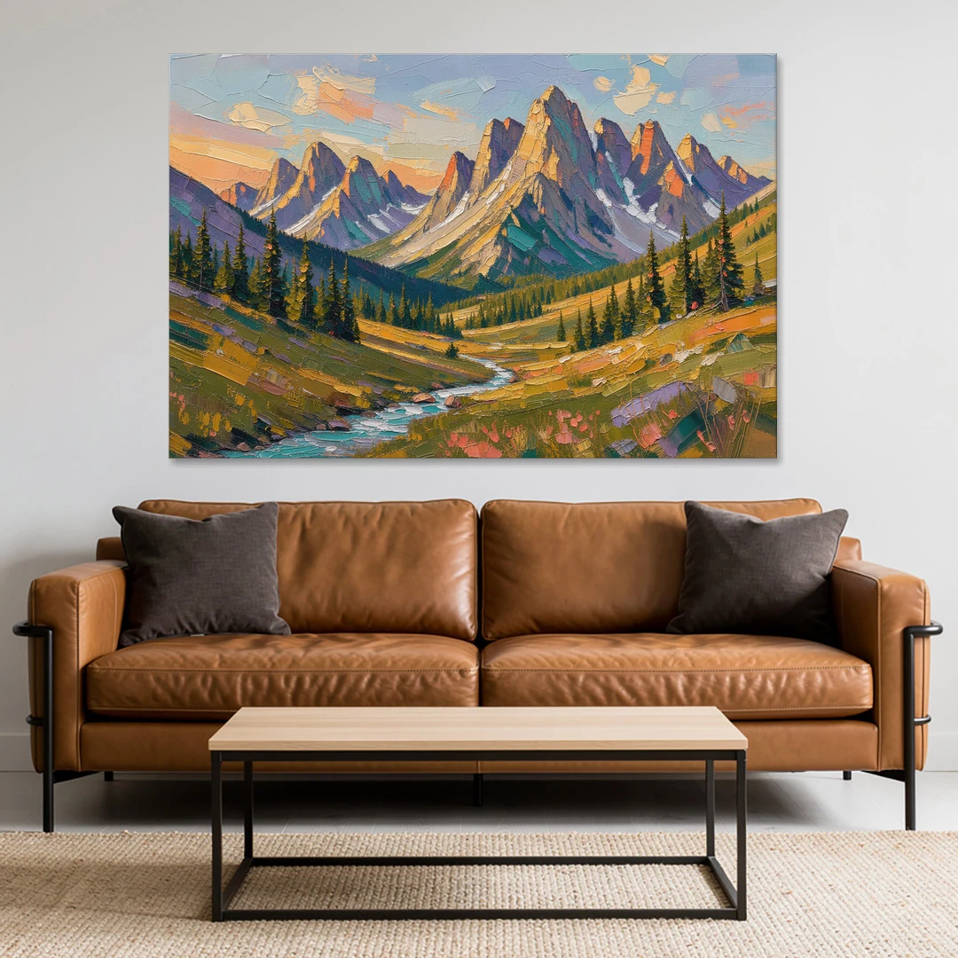 Mountain Landscape Painting of a Late Summer Valley - Canvas Wall Art - Sofa - 60x40