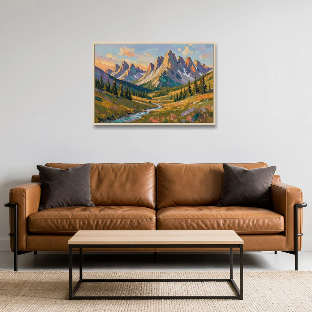 Mountain Landscape Painting of a Late Summer Valley - Oak Framed Canvas Wall Art - Sofa - 36x24
