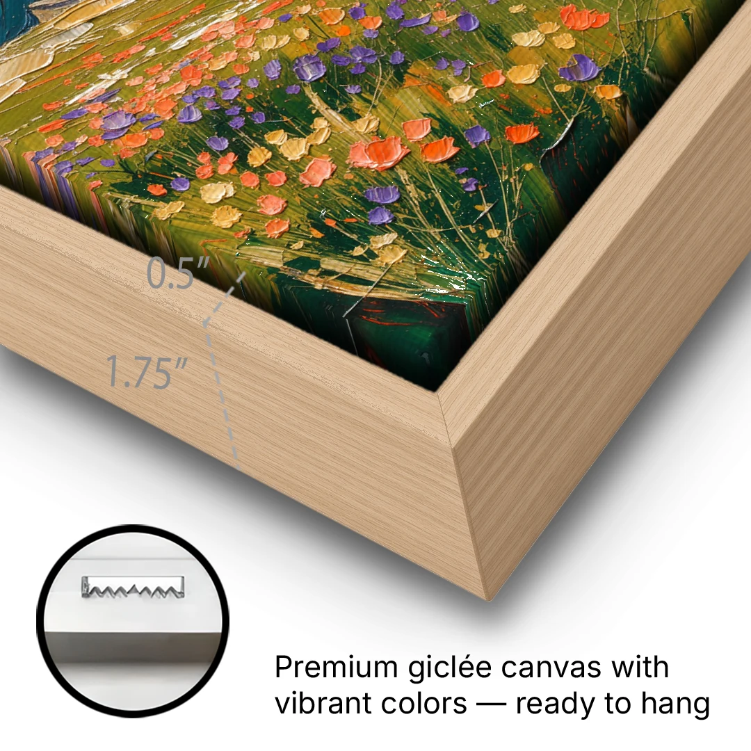 Mountain Oil Painting of a Wildflower Summit - Oak Framed Canvas Wall Art - Gallery Wrap Corner