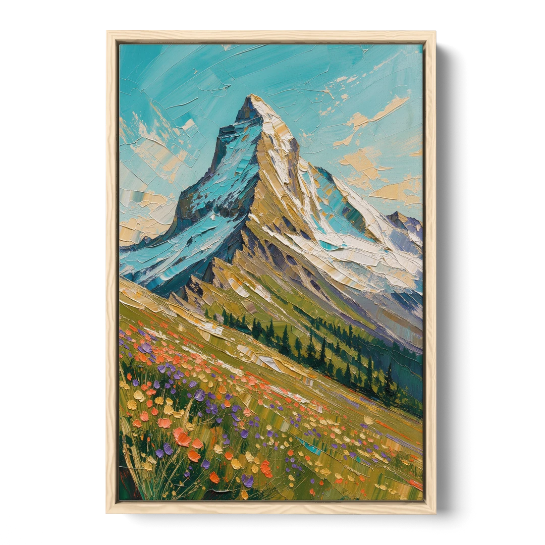 Mountain Oil Painting of a Wildflower Summit - Oak Framed Canvas Wall Art - Front