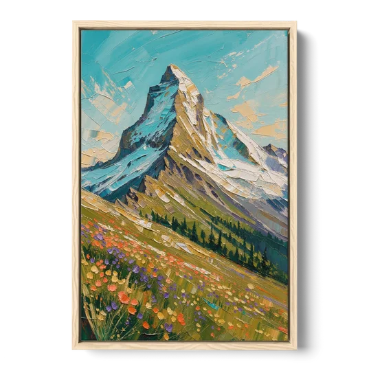 Mountain Oil Painting of a Wildflower Summit - Oak Framed Canvas Wall Art - Front