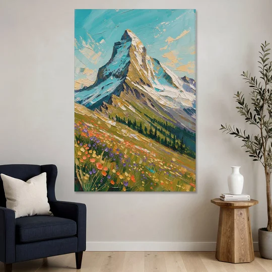 Mountain Oil Painting of a Wildflower Summit - Canvas Wall Art - Sofa - 40x60