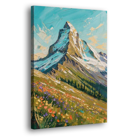Mountain Oil Painting of a Wildflower Summit - Canvas Wall Art - Side