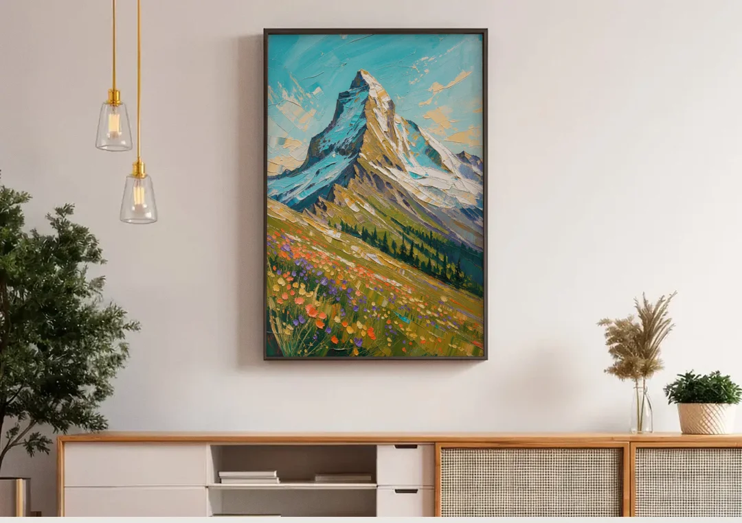 Mountain Oil Painting of a Wildflower Summit canvas wall art above a wooden sideboard under pendant lights