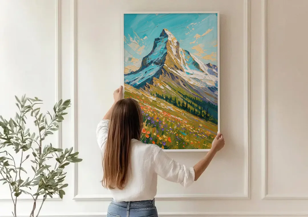 Mountain Oil Painting of a Wildflower Summit canvas wall art being hung on a paneled wall