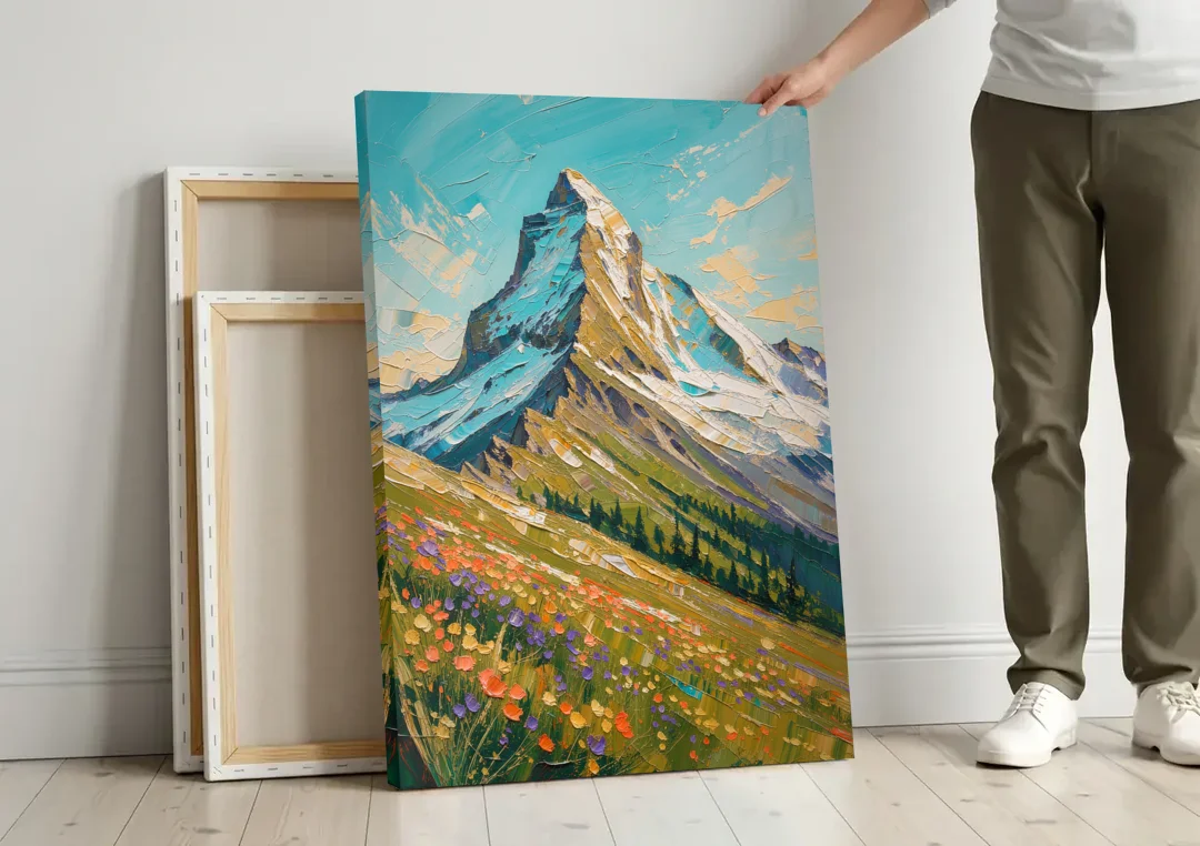 Mountain Oil Painting of a Wildflower Summit canvas wall art leaning against a wall next to blank canvases