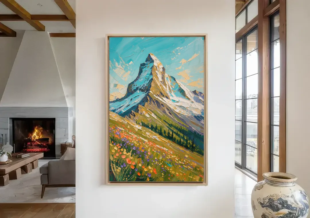 Mountain Oil Painting of a Wildflower Summit canvas wall art in a living room with a fireplace