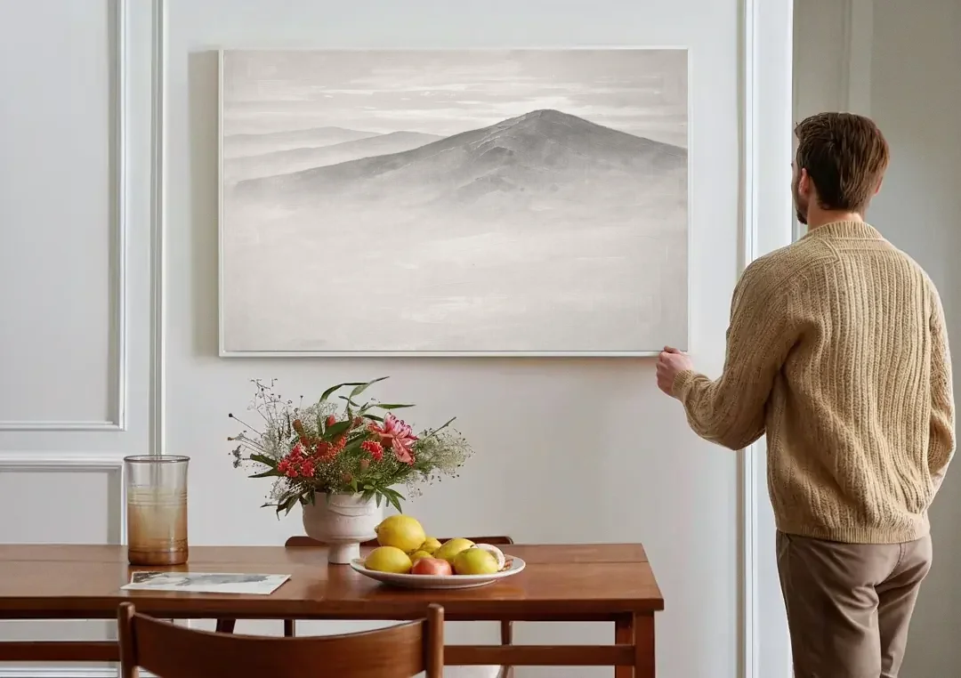 Mountain Ridge Above a Sea of Mist canvas wall art above a dining table