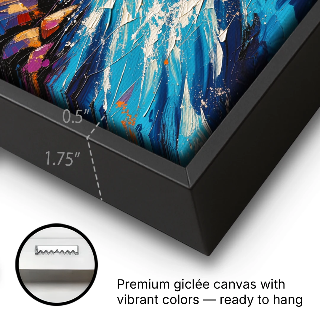 Mountain River Painting in Electric Blue - Black Framed Canvas Wall Art - Gallery Wrap Corner