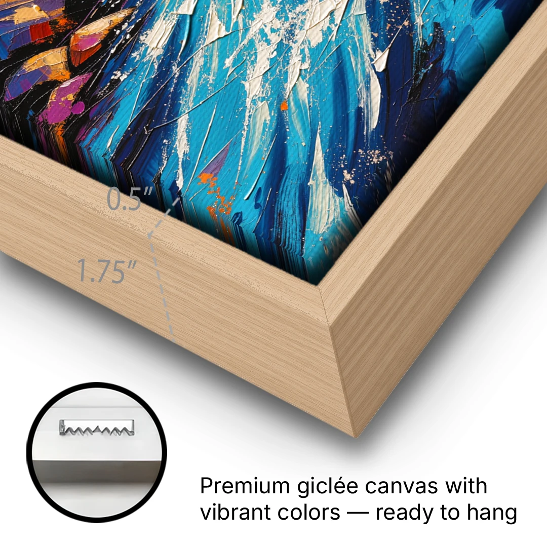 Mountain River Painting in Electric Blue - Oak Framed Canvas Wall Art - Gallery Wrap Corner