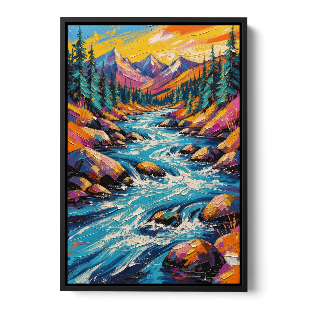 Mountain River Painting in Electric Blue - Black Framed Canvas Wall Art - Front