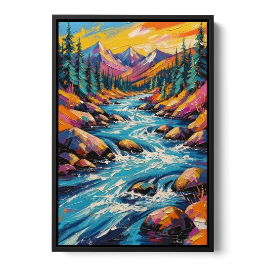 Mountain River Painting in Electric Blue - Black Framed Canvas Wall Art - Front