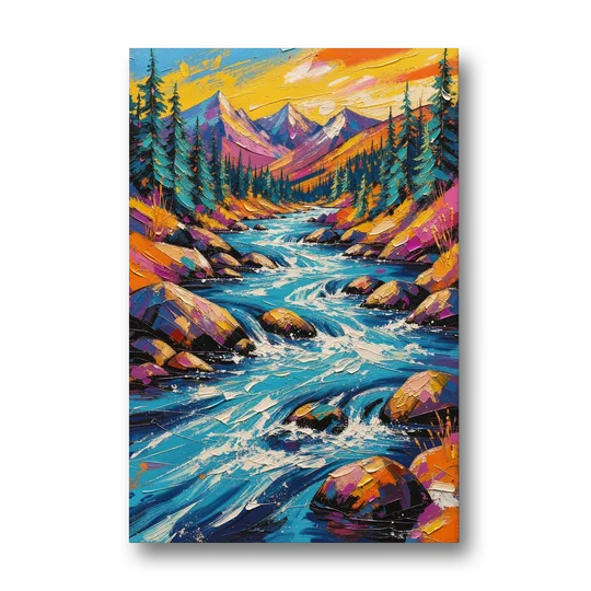 Mountain River Painting in Electric Blue - Canvas Wall Art - Front