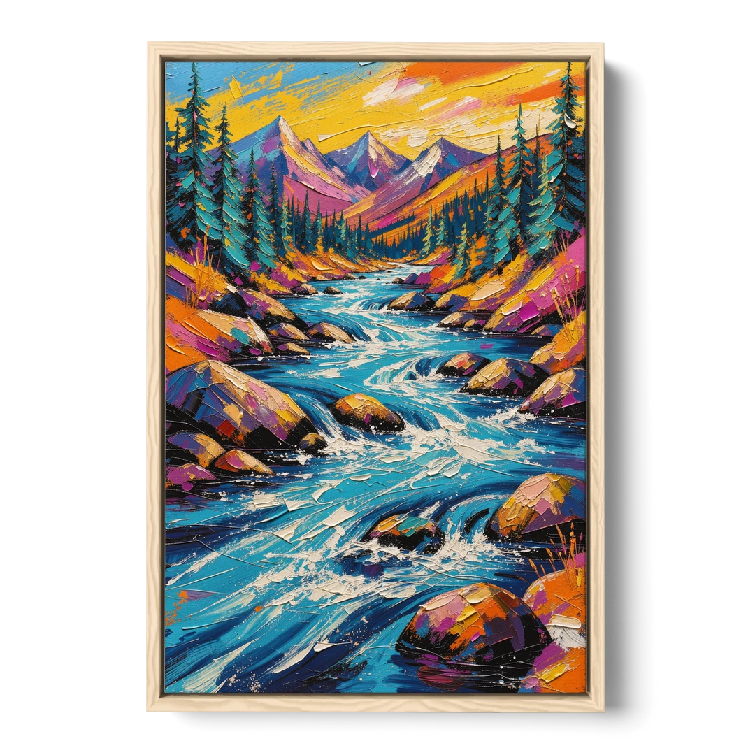 Mountain River Painting in Electric Blue - Oak Framed Canvas Wall Art - Front