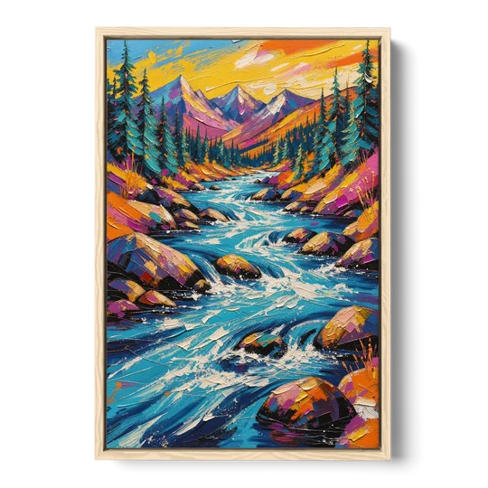 Mountain River Painting in Electric Blue - Oak Framed Canvas Wall Art - Front