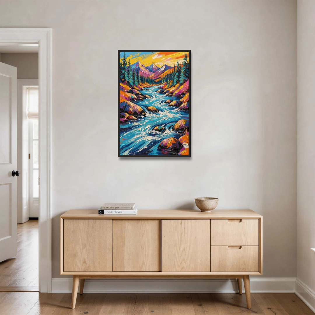 Mountain River Painting in Electric Blue - Black Framed Canvas Wall Art - Coffee Table - 24x36