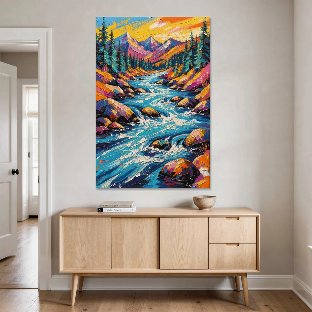 Mountain River Painting in Electric Blue - Canvas Wall Art - Coffee Table - 40x60