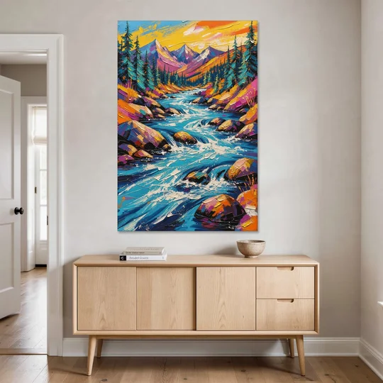 Mountain River Painting in Electric Blue - Canvas Wall Art - Coffee Table - 40x60