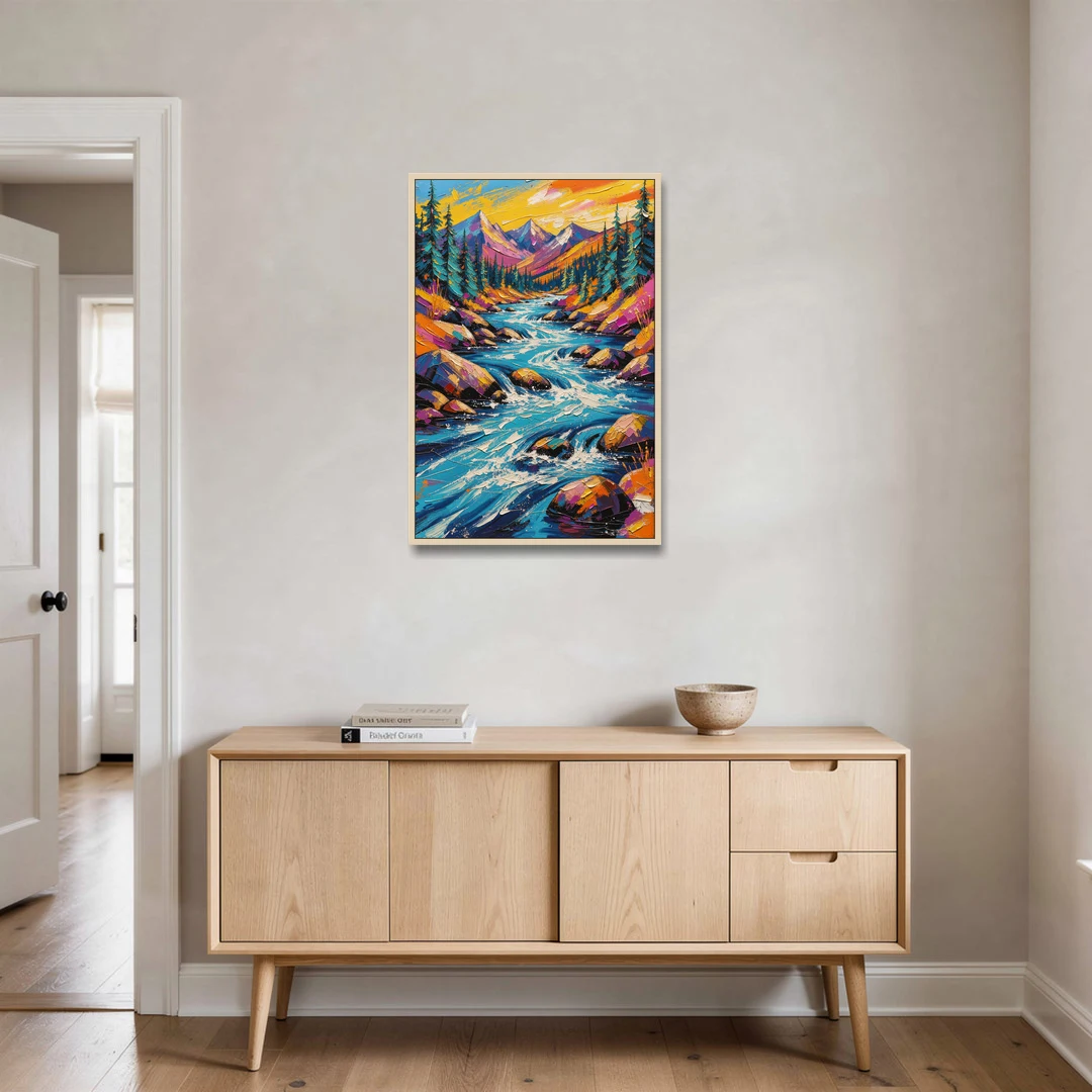 Mountain River Painting in Electric Blue - Oak Framed Canvas Wall Art - Coffee Table - 24x36