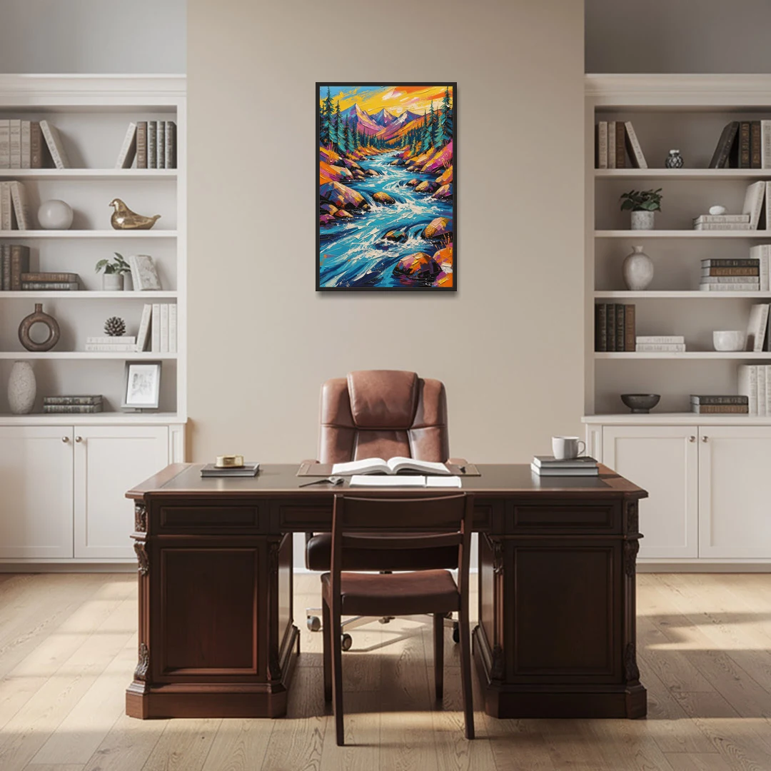 Mountain River Painting in Electric Blue - Black Framed Canvas Wall Art - Office - 24x36