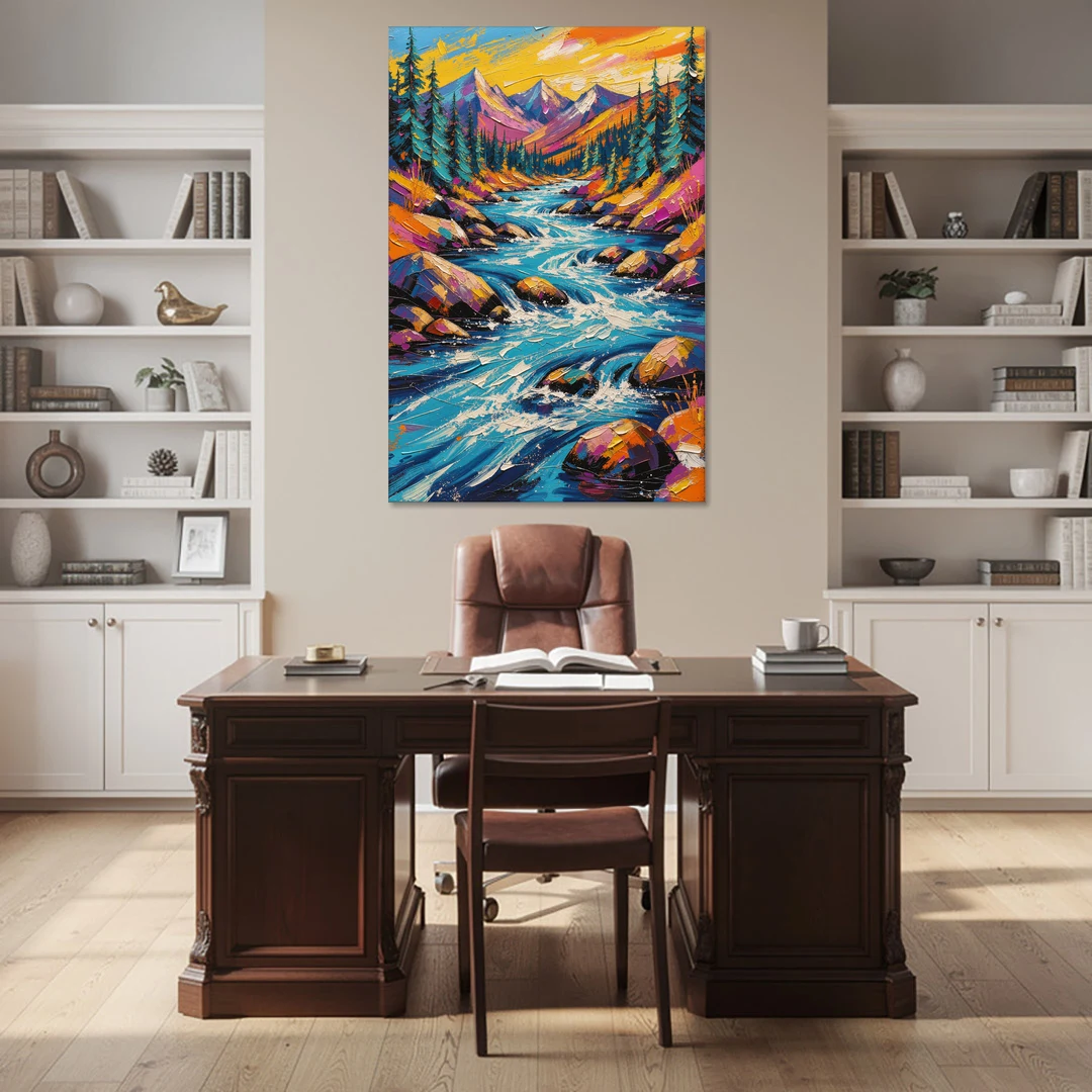 Mountain River Painting in Electric Blue - Canvas Wall Art - Office - 40x60