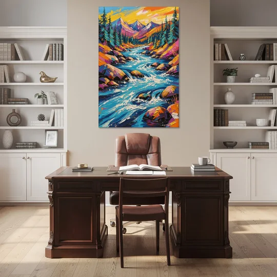 Mountain River Painting in Electric Blue - Canvas Wall Art - Office - 40x60