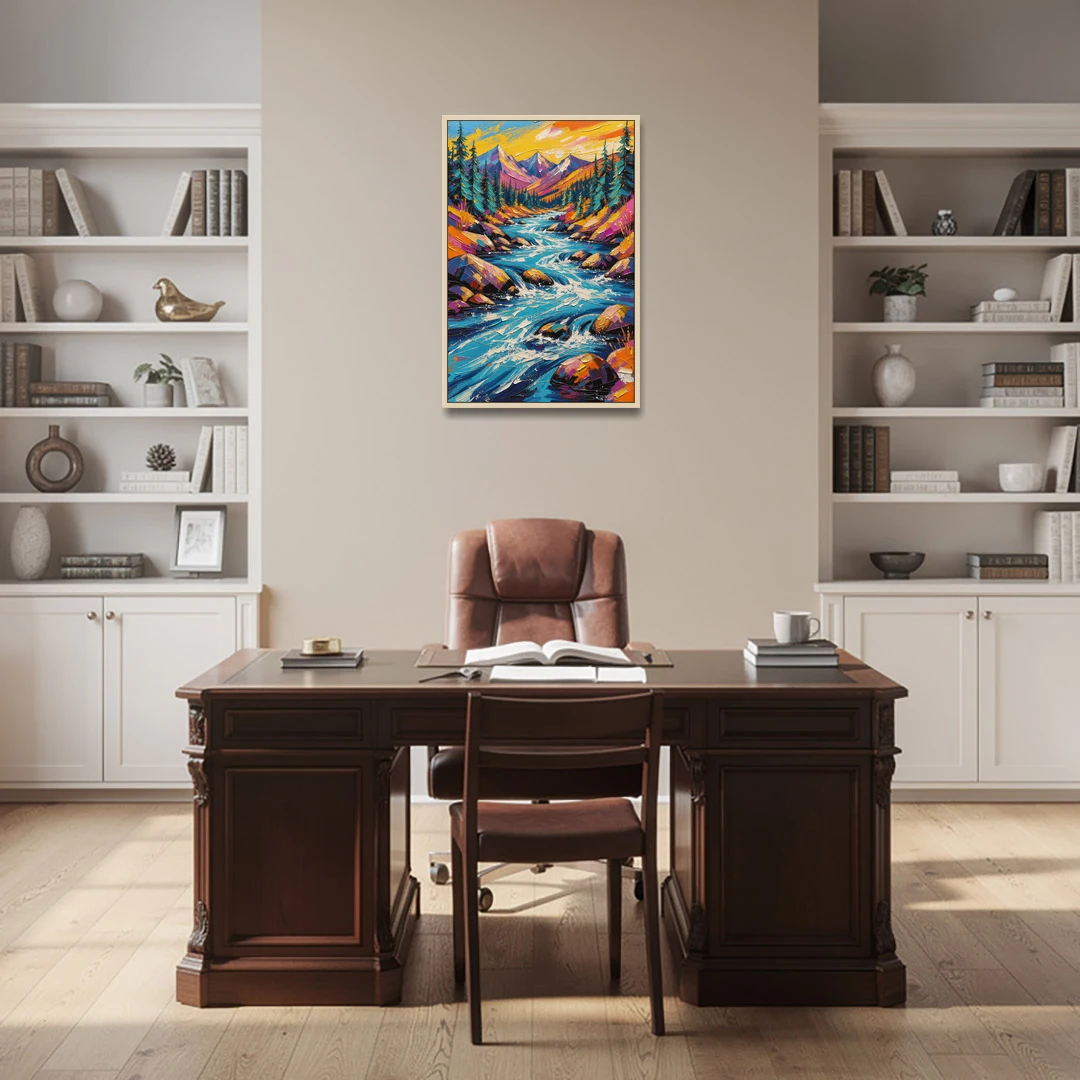 Mountain River Painting in Electric Blue - Oak Framed Canvas Wall Art - Office - 24x36