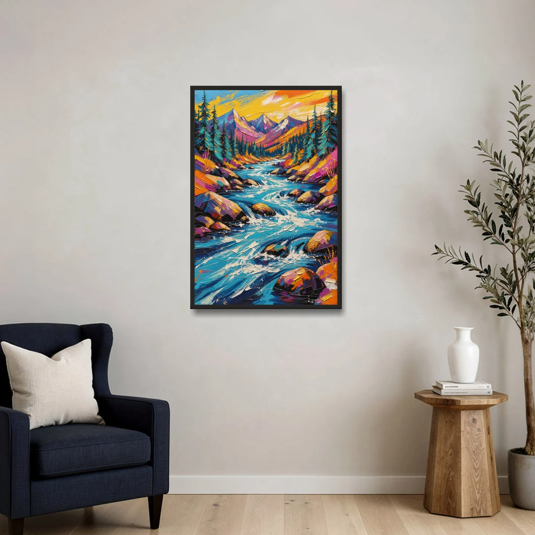 Mountain River Painting in Electric Blue - Black Framed Canvas Wall Art - Sofa - 24x36