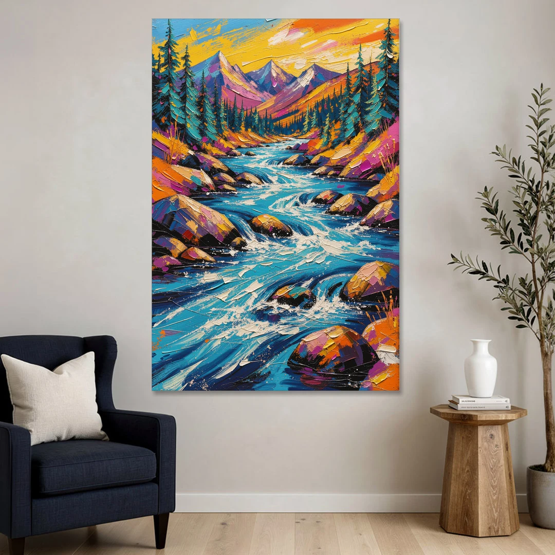 Mountain River Painting in Electric Blue - Canvas Wall Art - Sofa - 40x60