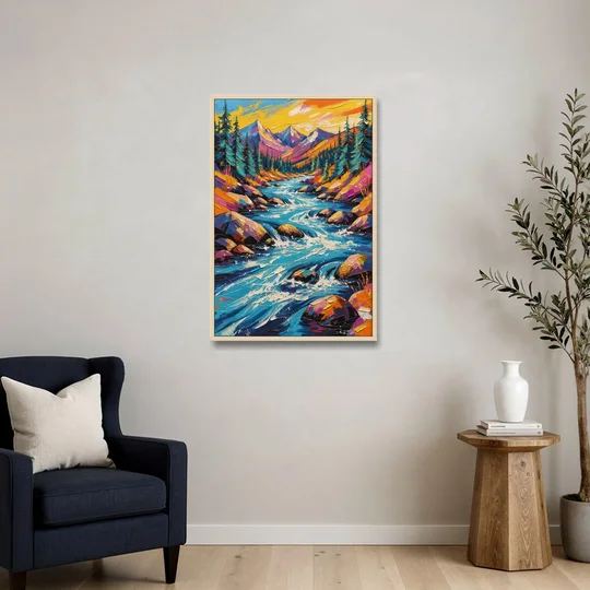 Mountain River Painting in Electric Blue - Oak Framed Canvas Wall Art - Sofa - 24x36