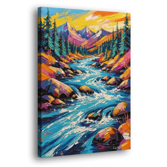 Mountain River Painting in Electric Blue - Canvas Wall Art - Side