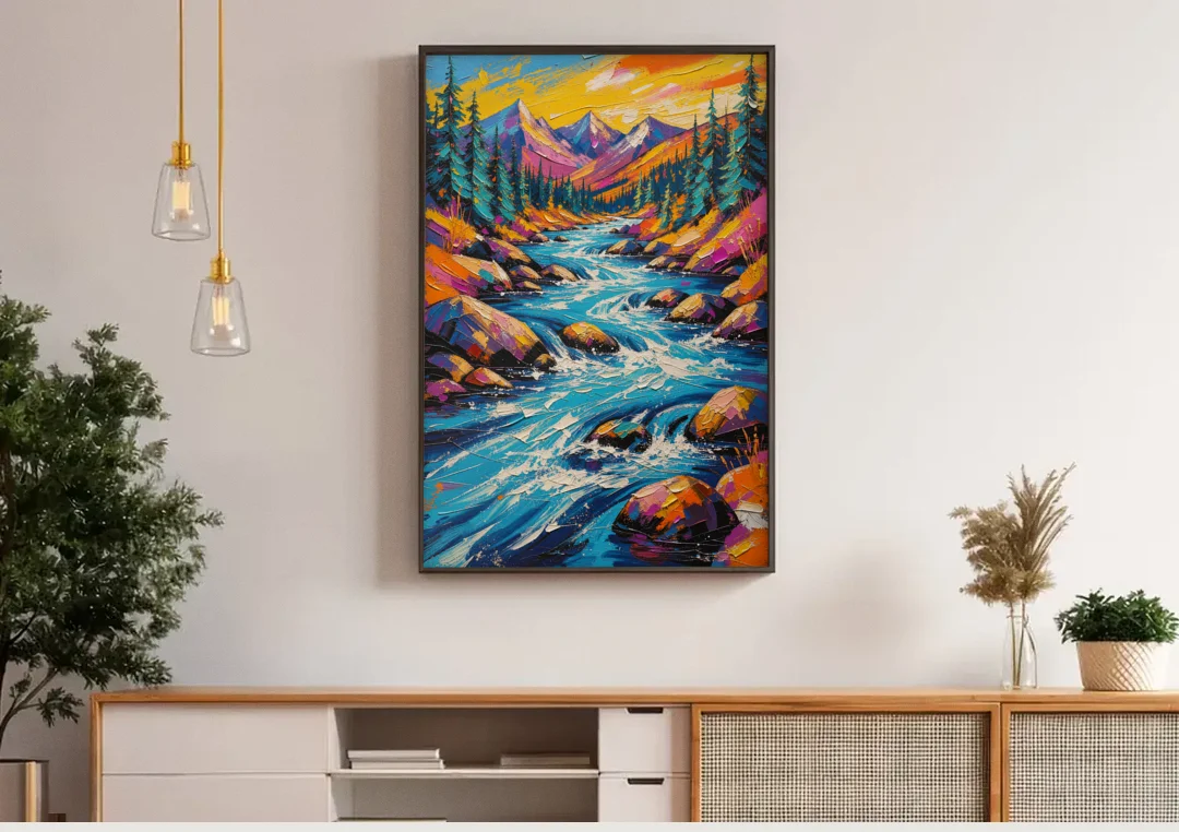 Mountain River Painting in Electric Blue canvas wall art above a wooden sideboard under pendant lights