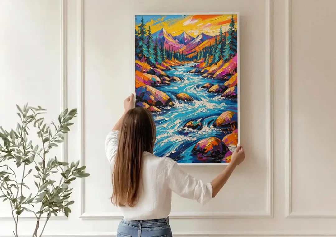 Mountain River Painting in Electric Blue canvas wall art being hung on a paneled wall