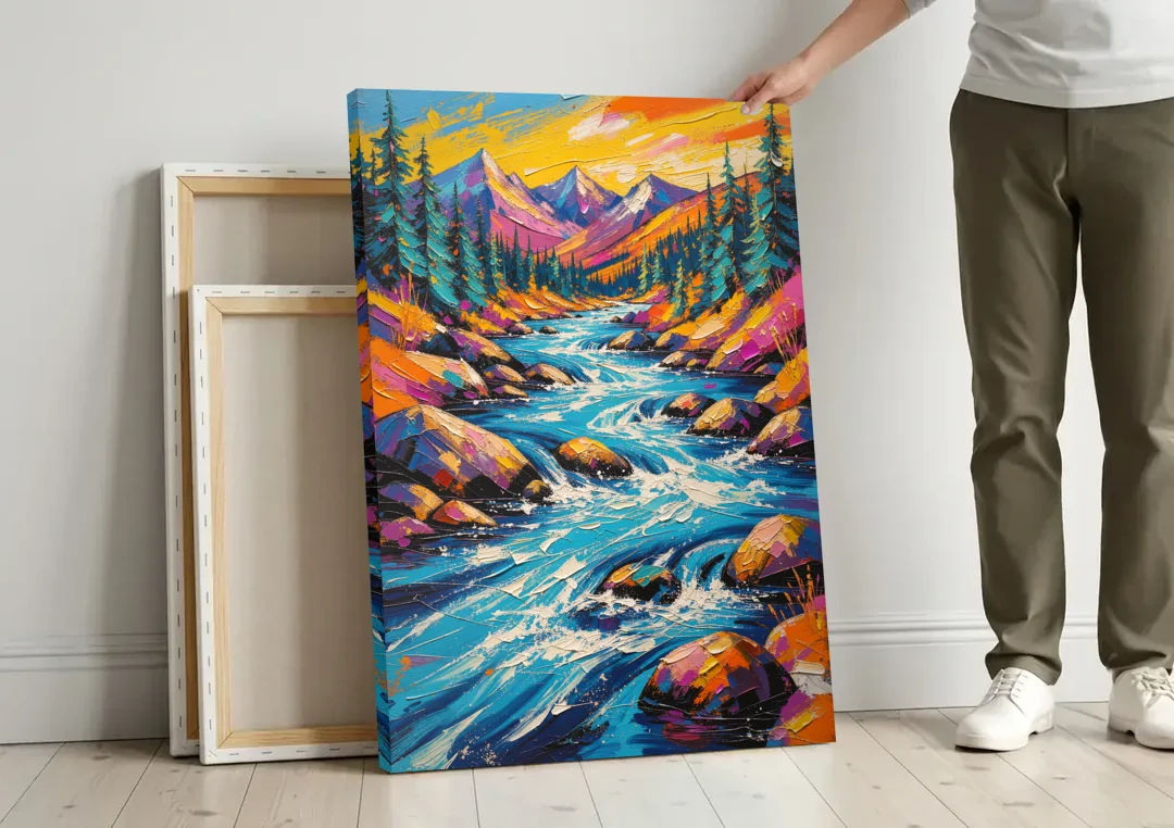 Mountain River Painting in Electric Blue canvas wall art leaning against a wall next to blank canvases