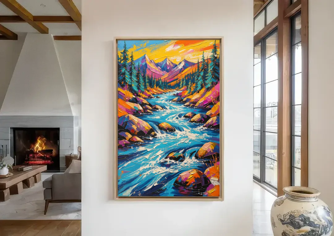Mountain River Painting in Electric Blue canvas wall art in a living room with a fireplace