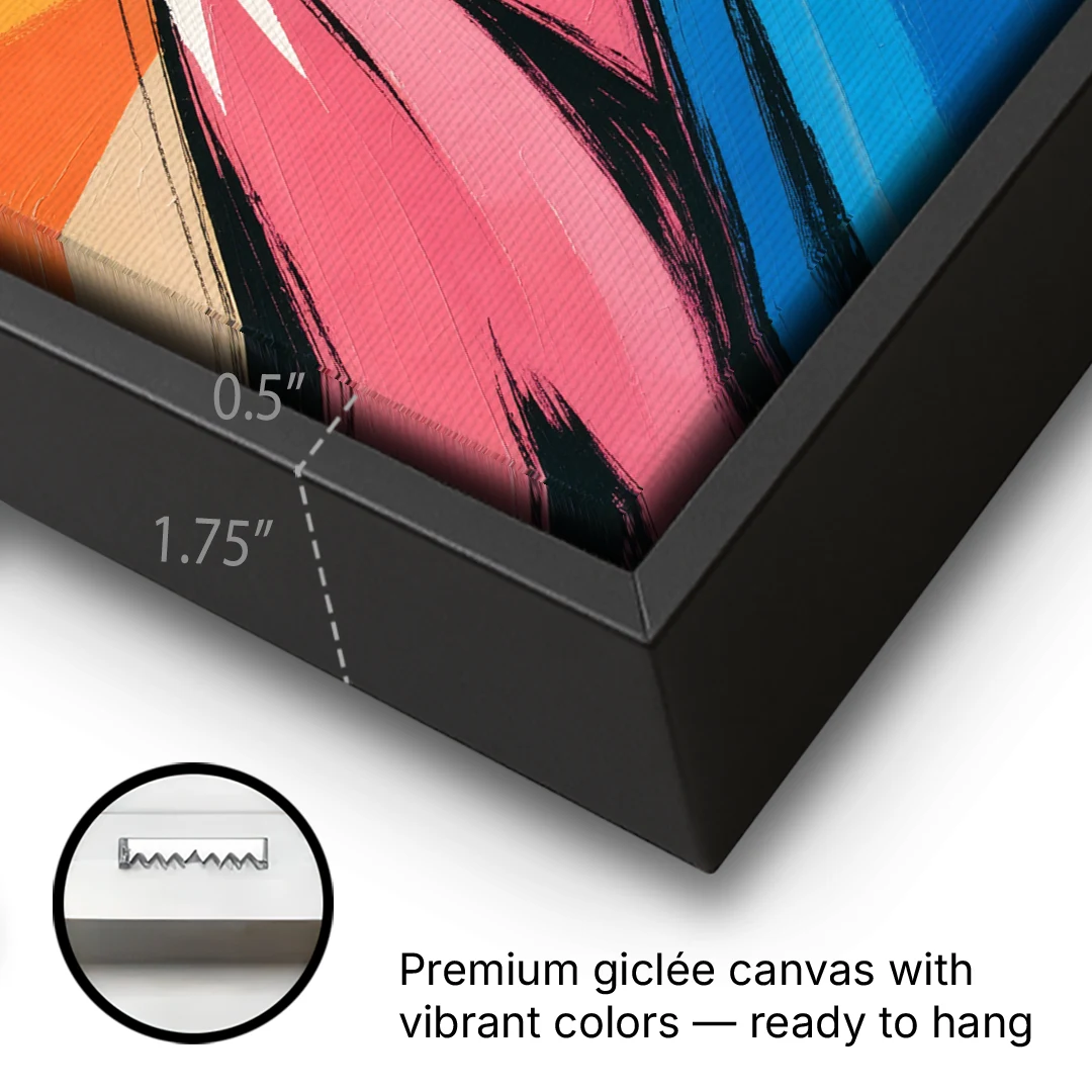 Pop Art Mountain Sunrise with Striped Sun - Black Framed Canvas Wall Art - Gallery Wrap Corner