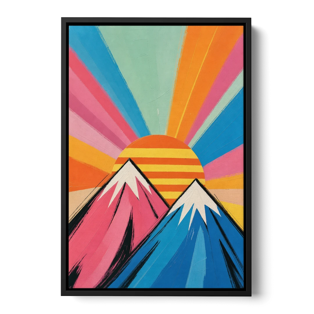 Pop Art Mountain Sunrise with Striped Sun - Black Framed Canvas Wall Art - Front