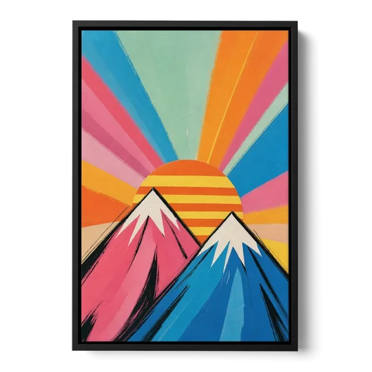 Pop Art Mountain Sunrise with Striped Sun - Black Framed Canvas Wall Art - Front